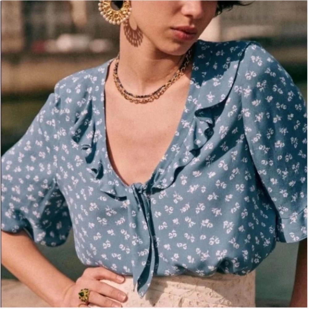 Sezane Blue Floral Blouse with Ruffles